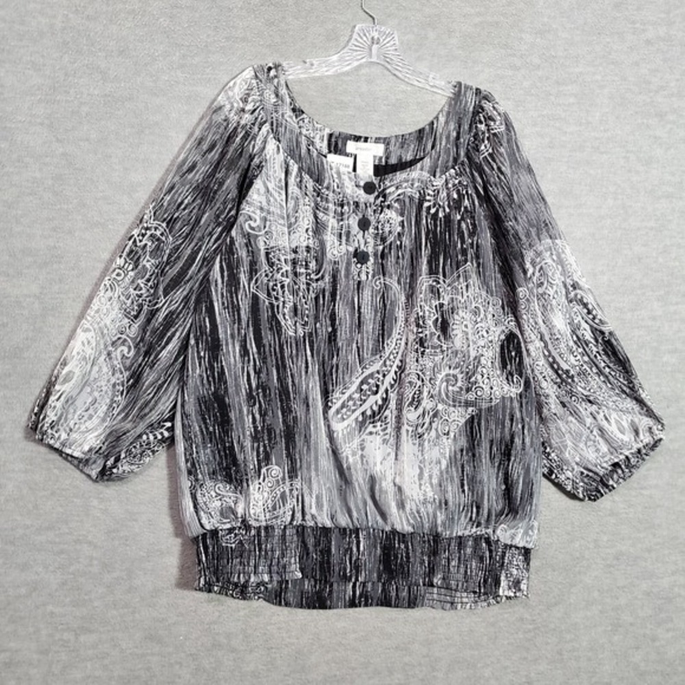 Dressbarn‎ Women Top 22 24 Gray Floral Paisley Blouse Metallic Balloon Sleeve